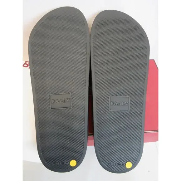 NIB BALLY SIMON BLACK RUBBER RED WHITE WEB LOGO SANDALS POOL SLIDES 9 D ITALY